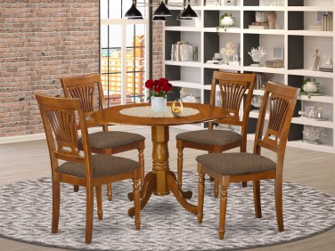 5PC Dublin 42" round table, drop leaf +4 Plainville cushion chairs in saddle brown. SKU: DPL5-SBR-C