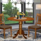 3PC Dublin 42" round table, drop leaf +2 Plainville cushion chairs in saddle brown. SKU: DPL3-SBR-C