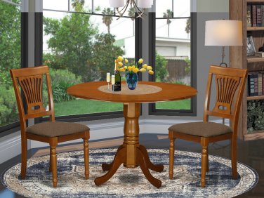 3PC Dublin 42" round table, drop leaf +2 Plainville cushion chairs in saddle brown. SKU: DPL3-SBR-C