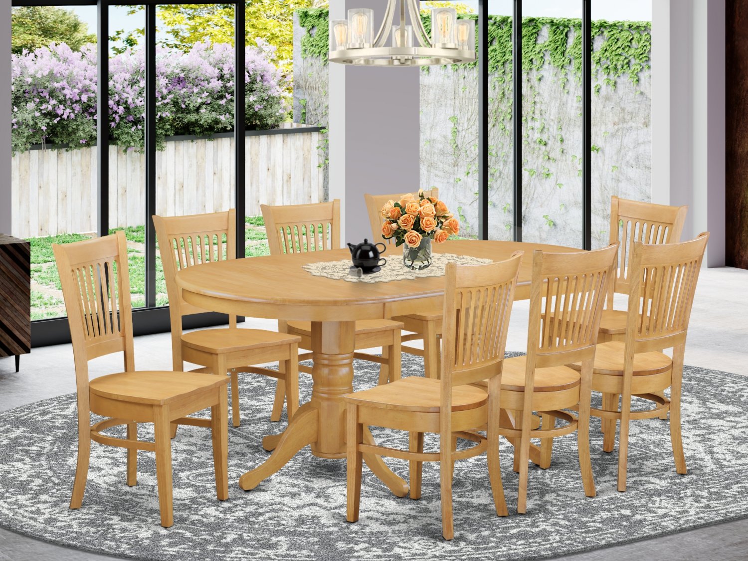 9PC Vancouver Dining Set, Oval Table with 8 Wood Seat Chairs