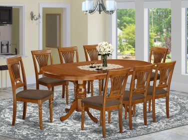 9PC Plainville Oval Dining Table with 8 Upholstery Chairs in Saddle Brown. SKU: PLAI9-SBR-C