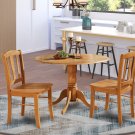 3PC Dublin Round Dinette Table w/ Drop Leaf & 2 Wood Seat Chairs in OAK. SKU#: D3-OAK-W