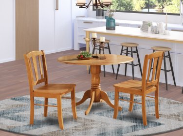 3PC Dublin Round Dinette Table w/ Drop Leaf & 2 Wood Seat Chairs in OAK. SKU#: D3-OAK-W
