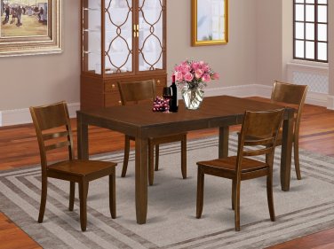 5PC LYNFIELD KITCHEN DINING TABLE w/4 PLAIN WOOD SEAT CHAIRS IN ESPRESSO (NO BENCH) SKU: LY5-ESP-W