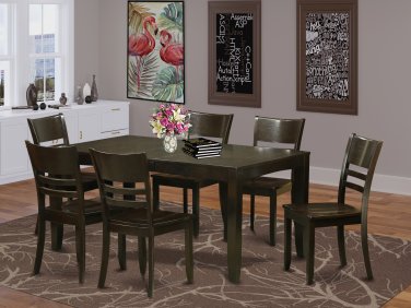 7PC RECTANGULAR DINETTE KITCHEN DINING TABLE w/ 6 PLAIN WOODEN SEAT CHAIRS (NO BENCH) SKU: LY7-CAP-W