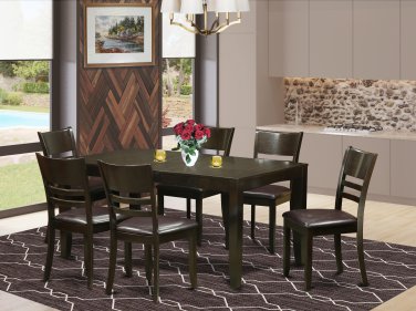 7PCS LYNFIELD RECTANGULAR DINETTE DINING SET TABLE w/6 LEATHER CHAIRS, CAPPUCCINO SKU: LYFD7-CAP-LC