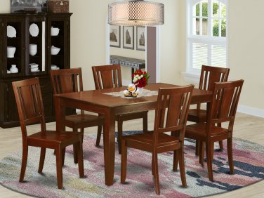 7PC DUDLEY DINETTE DINING TABLE 36x60 w/6 WOOD SEAT CHAIRS IN MAHOGANY, SKU: DU7-MAH-W