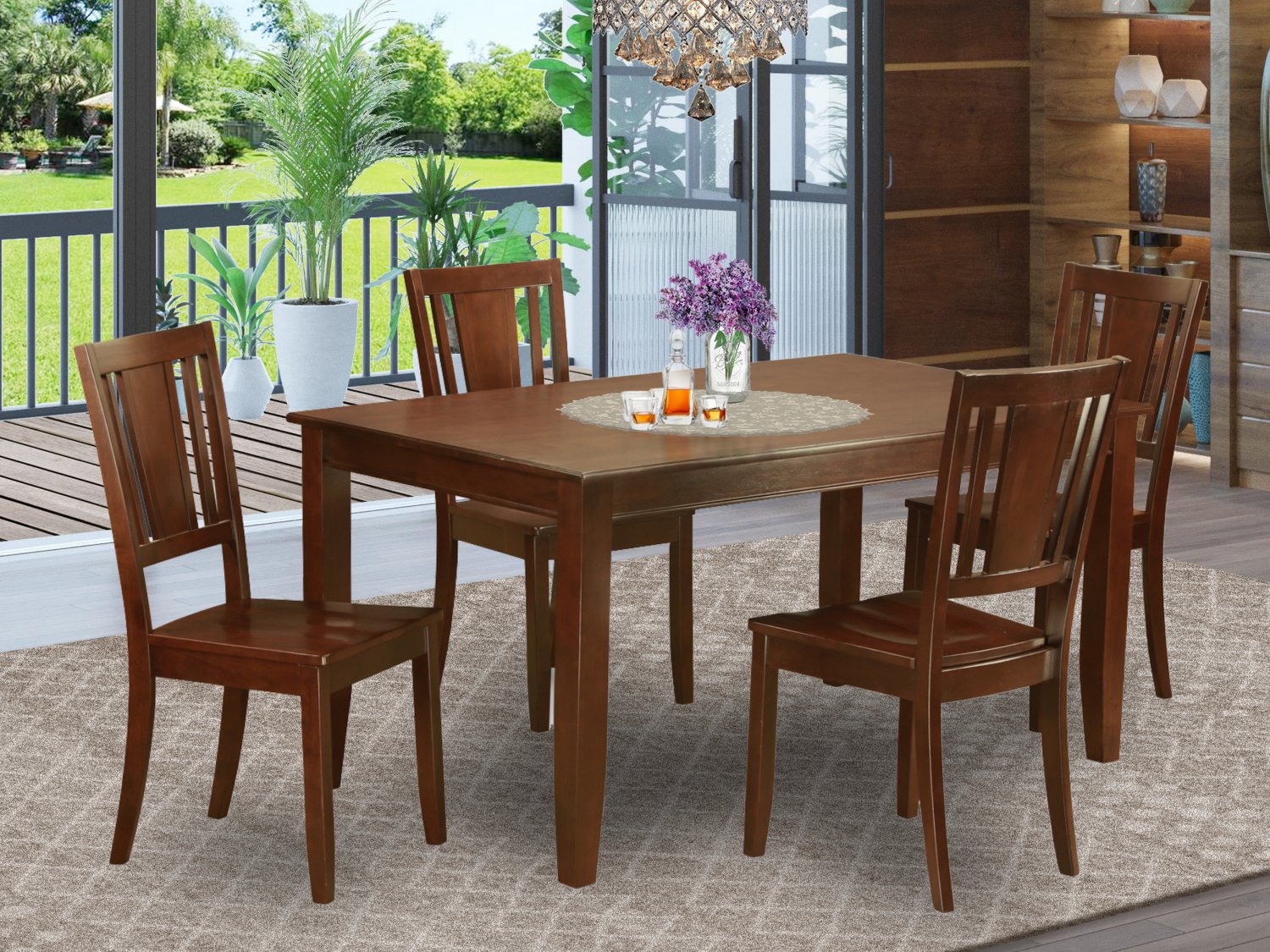 5PC DUDLEY DINING TABLE 36x60 w/4 WOOD SEAT CHAIRS IN MAHOGANY