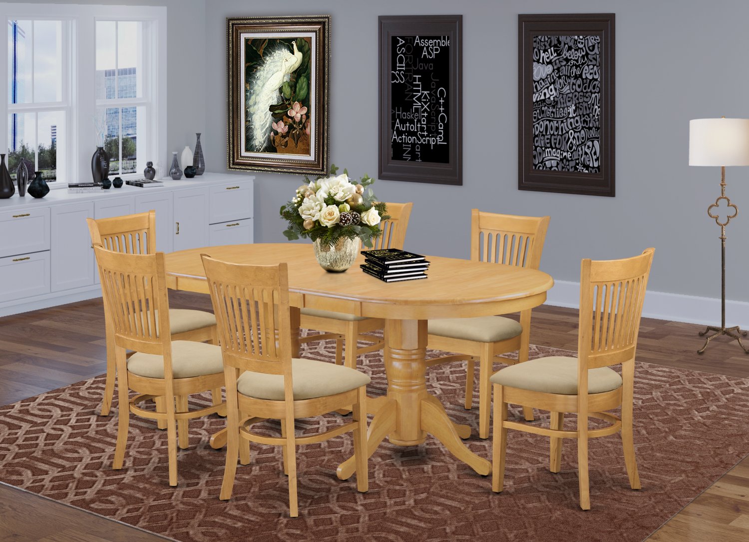 7PC Vancouver Dining Set, Oval Table with 6 cushioned chairs light oak
