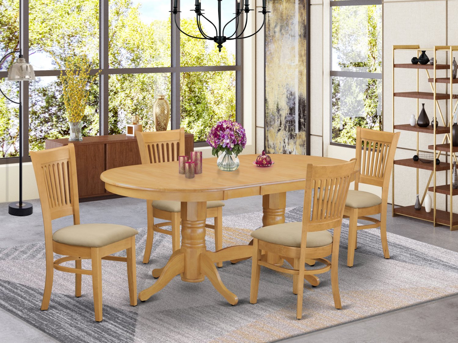 5PC Vancouver Dining Set, Oval Table w/4 Fabric Upholstered Seat Oak