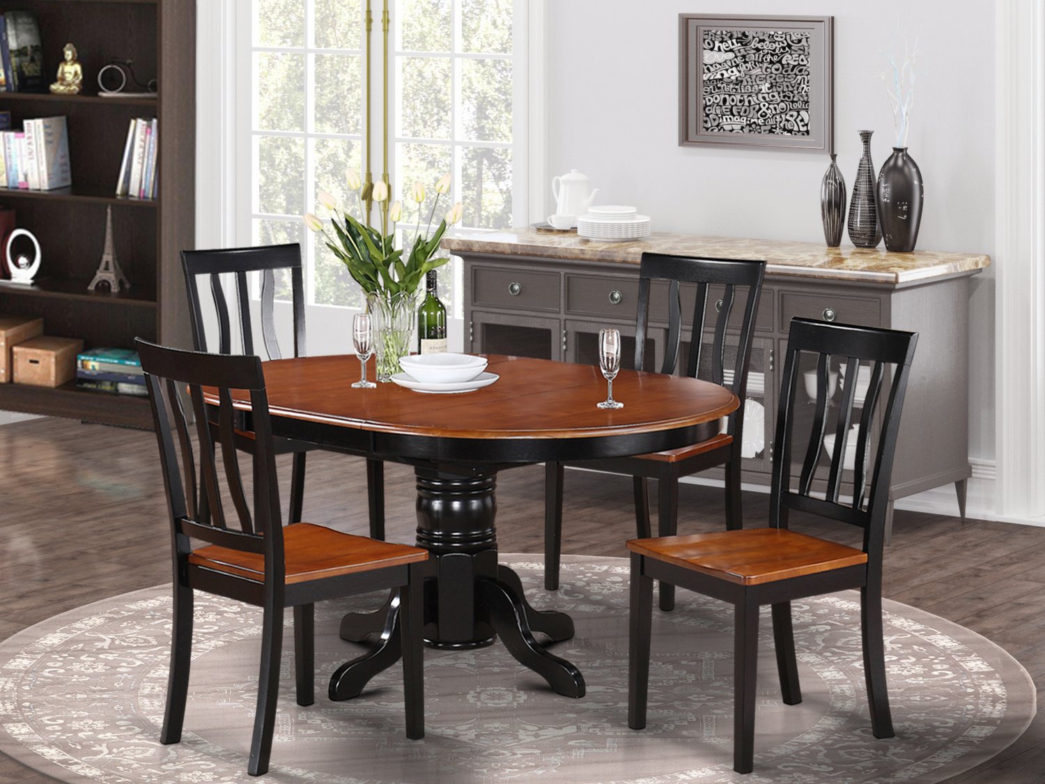 5-pc Easton Oval Dining Table With 4 Wood Seat Chairs In Black & Saddle 