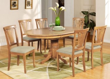7-PC Avon Oval Dining Table + 6 Fabric Upholstered Chairs in Oak Finish. SKU: AVON7-OAK-C