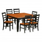 Parfait 7-Pc Square Dining Set, Table with 6 wood seat Chairs in Black & Cherry. SKU: PA7-BLK-W