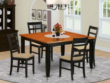 Parfait 5-Pc Square Dining Set, Table w/4 upholstered seat Chairs in Black & Cherry. SKU: PA5-BLK-C