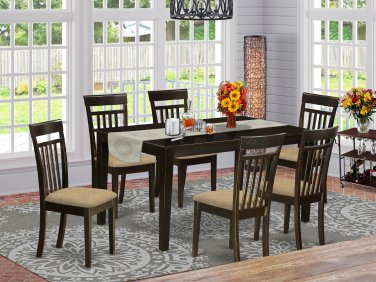 Capri solid top table with 6 wood seat or upholstery chairs in cappuccino SKU#: C7S-CAP