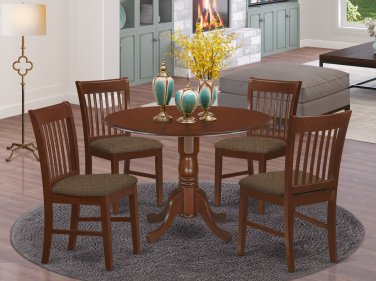 5PC Dublin dinette round table drop leaf + 4 Norfolk upholstered chairs in mahogany. SKU: DNO5-MAH-C