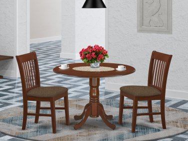 3pc kitchen Dublin round table drop leaf + 2 Norfolk padded chairs in mahogany. SKU: DLNO3-MAH-C