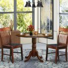 3pc Dublin round table w/ drop leaf + 2 Norfolk wood seat chairs in mahogany. SKU: DLNO3-MAH-W