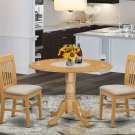 3pc dinette kitchen set, 42" round table drop leaf + 2 padded chairs in oak. SKU: DLNO3-OAK-C