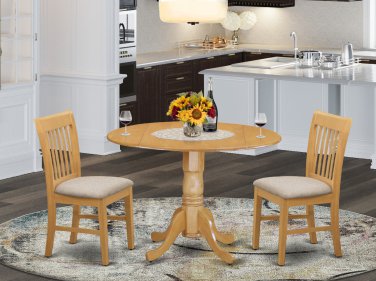 3pc dinette kitchen set, 42" round table drop leaf + 2 padded chairs in oak. SKU: DLNO3-OAK-C