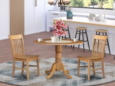 3pc Dublin kitchen set round table drop leaf + 2 Norfolk wood chairs in oak SKU: DLNO3-OAK-W
