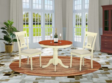 3pc Antique round table + 2 Plainville padded chairs in Buttermilk & Cherry SKU: ANPL3-WHI-C