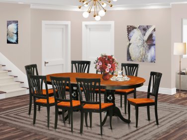 9pc Set Plainville Dining Table + 8 Avon Wood Seat Chairs in Cherry Black. SKU: PLAV9-BCH-W