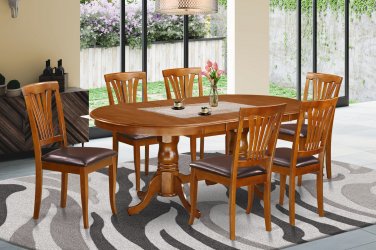 7pc Set Plainville Dining Table + 6 Avon Leather Seat Chairs in Saddle Brown. SKU: PLAV7-SBR-LC