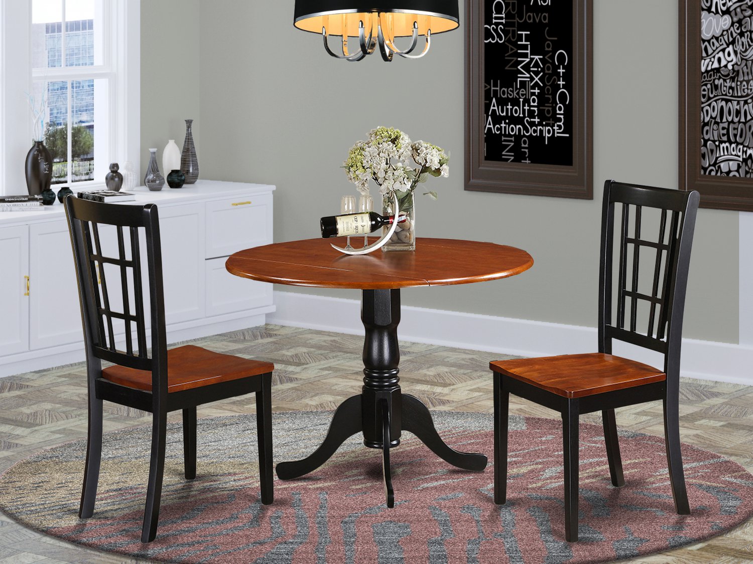 3PC Dublin round table w/2 drop leaves + 2 Nicoli wood seat chairs
