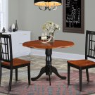 3PC Dublin round table w/2 drop leaves + 2 Nicoli wood seat chairs, Black & Cherry. SKU: DLNI3-BCH-W