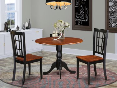 3PC Dublin round table w/2 drop leaves + 2 Nicoli wood seat chairs, Black & Cherry. SKU: DLNI3-BCH-W