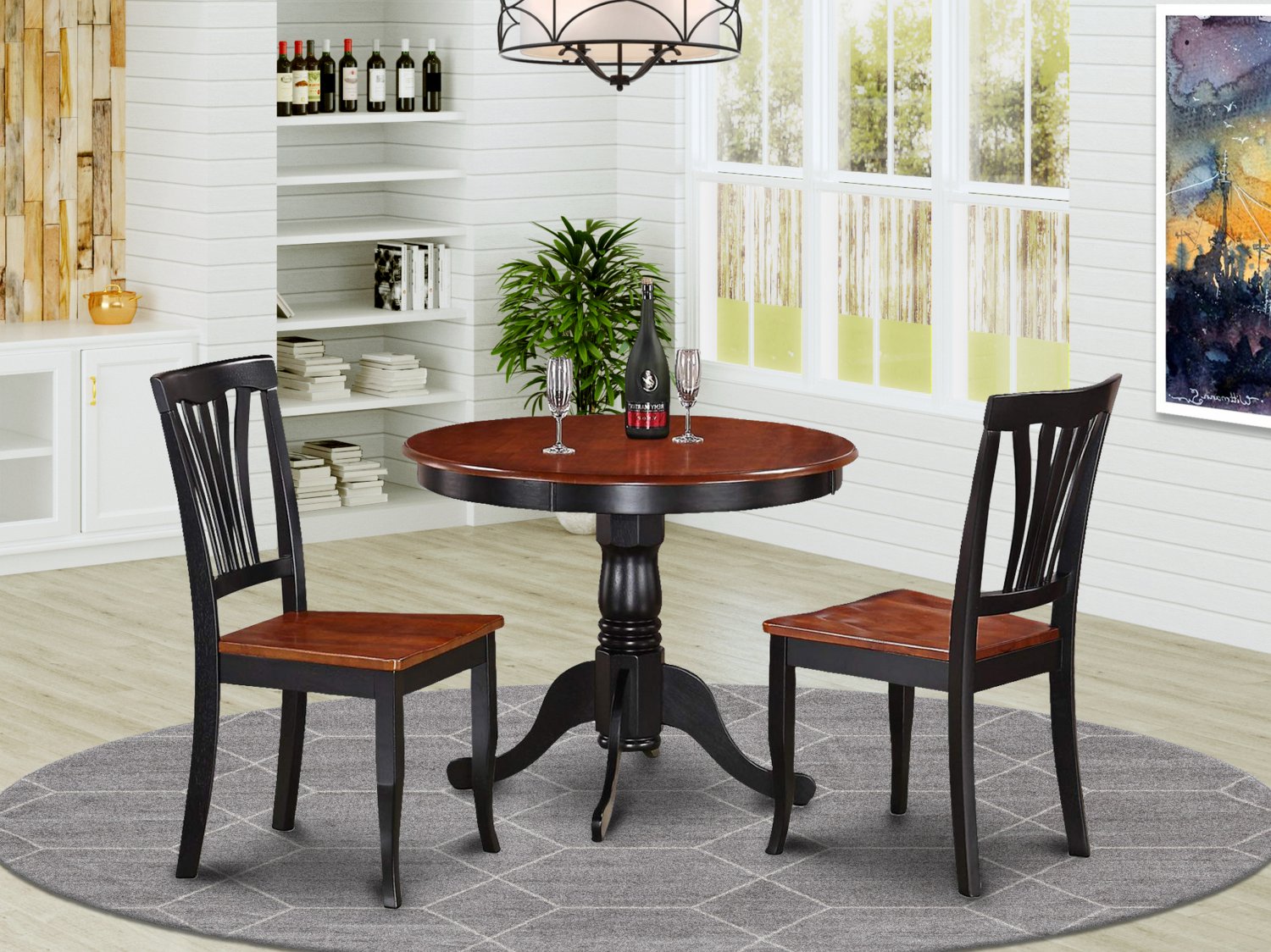 3PC Antique Round Kitchen Table + 2 Avon Wood Seat Chairs Black