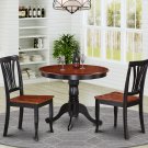 3PC Antique Round Kitchen Table + 2 Avon Wood Seat Chairs Black & Saddle Brown SKU# ANAV3-BCH-W
