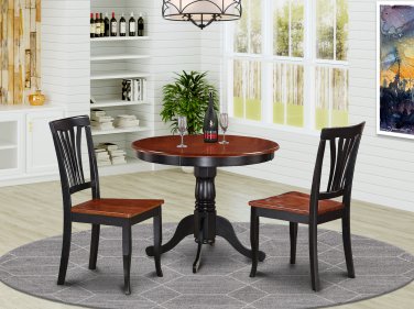 3PC Antique Round Kitchen Table + 2 Avon Wood Seat Chairs Black & Saddle Brown SKU# ANAV3-BCH-W