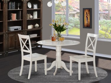 3PC Dublin round table w/2 drop leaves &2 Boston wood seat chairs in Linen White. SKU: DLBO3-WHI-W