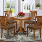 5PC Dublin 42" round table w/ drop leaf + 4 Avon cushioned chairs in saddle brown. SKU: DLAV5-SBR-C