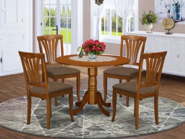 5PC Dublin 42" round table w/ drop leaf + 4 Avon cushioned chairs in saddle brown. SKU: DLAV5-SBR-C