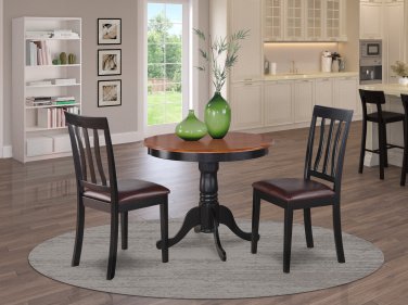 3PC Antique 36" Round Table with 2 Leather Upholstery Chairs in Black & Cherry. SKU: ANT3-BLK-LC