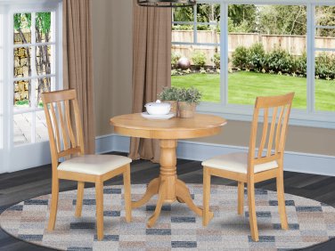 3PC Antique 36" Round Table with 2 Leather Upholstery Chairs in Light Oak. SKU: ANT3-OAK-LC