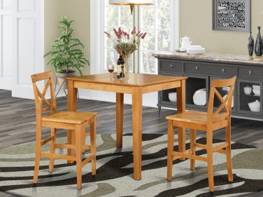 3-PC Square Pub Set Counter Height Table with 2 Wood Seat Chairs in Oak Finish