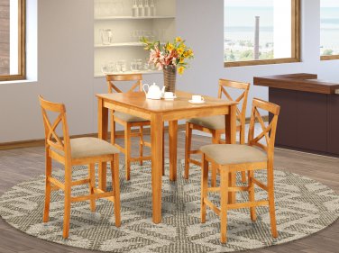 5-PC Square Pub Set Table with 4 Microfiber Upholstered Chairs in Oak Finish. SKU#: PUB5-OAK-C