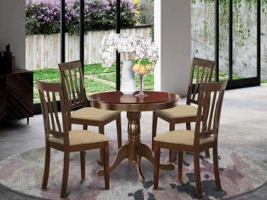 5-PC Antique Round Table with 4 Microfiber Upholstered Chairs in Cappuccino Finish. SKU#: ANT5-CAP