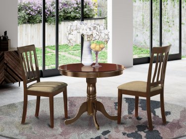 3-PC Antique Round Table with 2 Microfiber Upholstered Chairs in Cappuccino Finish. SKU#: ANT3-CAP