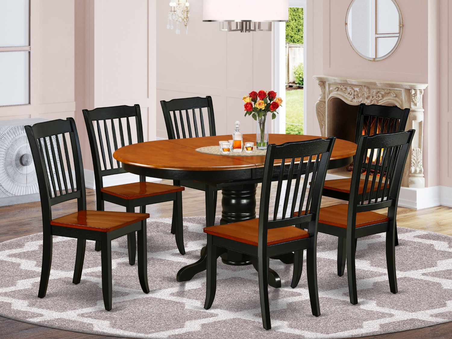 7pc Dining Set, Kenley oval pedestal table + 6 Danbury chairs black and ...