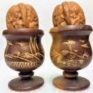 2 Vintage Guantanamo Bay Real Walnuts Salt Pepper Shakers in Hand Etched Wood Stands