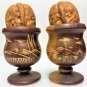 2 Vintage Guantanamo Bay Real Walnuts Salt Pepper Shakers in Hand Etched Wood Stands