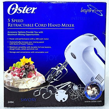 Oster 5 Speed Retractable Cord Hand Mixer w Accessories + Bonus NEW!