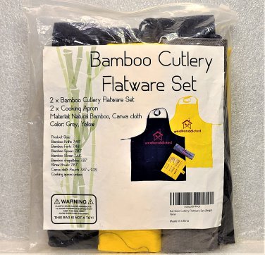 2 Sets - Eco Friendly Bamboo Cutlery Flatware w Travel Pouches & 2 Cooking Aprons NEW!