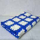 Vintage Unfinished Blue & White Hand Crocheted Afghan Throw Blanket