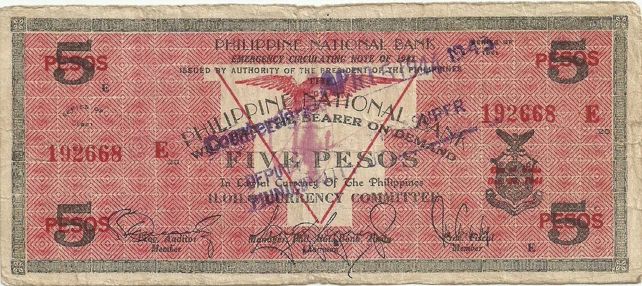 Philippines 1941 Iloilo 5 Pesos Emergency Circulating Note C/S S307 Serial 192,668 Plate E